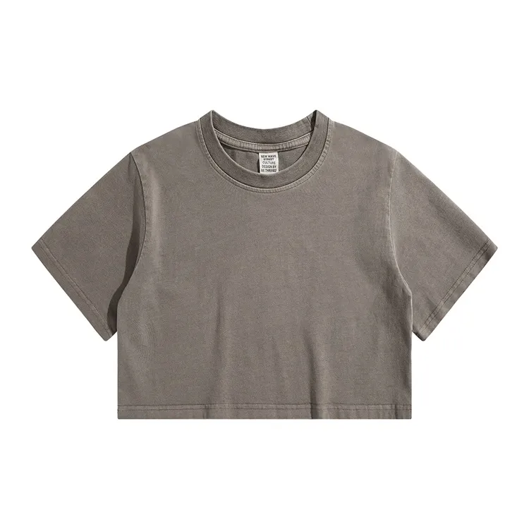 High Waist Cropped T Shirt With Navel Design - Camel