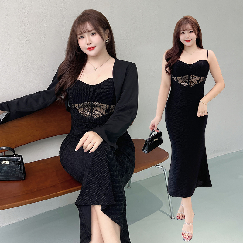 French Manor Lace Fishbone Sling Mini Black Dress