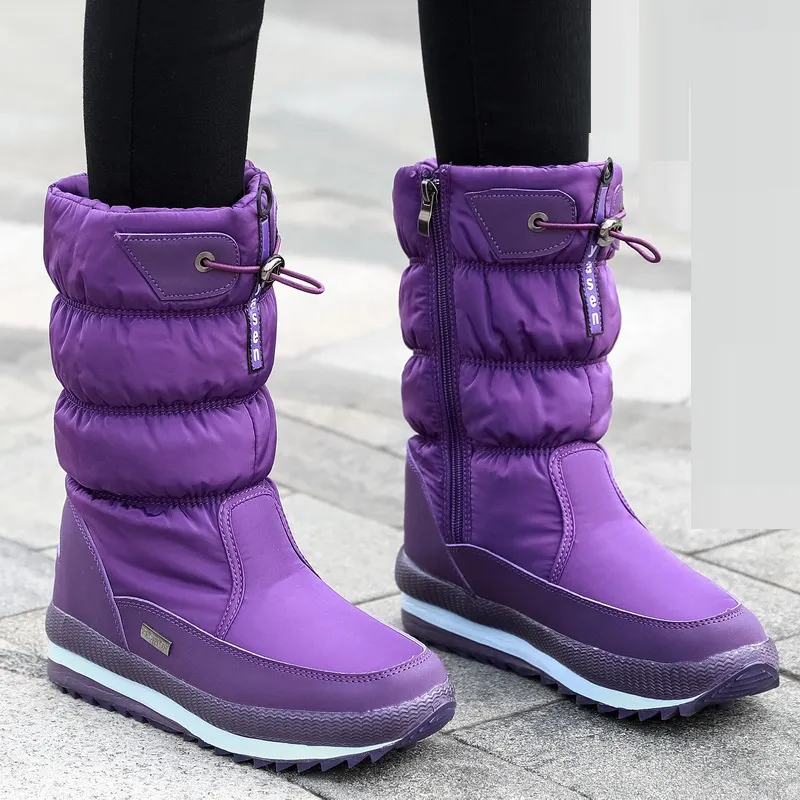 Winter New Plus Velvet Thick Cotton Shoes Thermal Middle Tube Waterproof Non-slip Boots - Purple