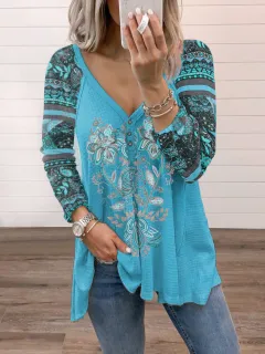 V-neck Pullover Print Long-sleeved Loose T-shirt Women's Top - Sky Blue - View 1