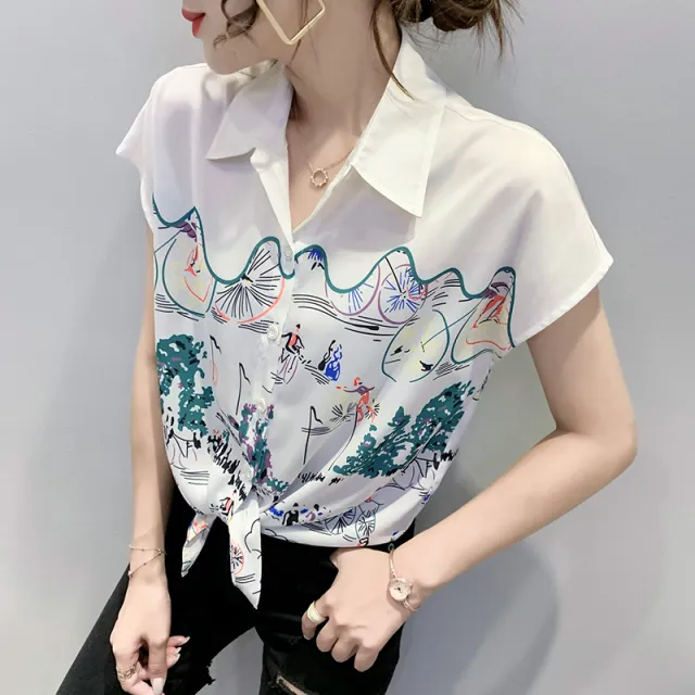 Entertainment Graphic Print Lapel Chiffon Shirt White - Shop at LoveMi