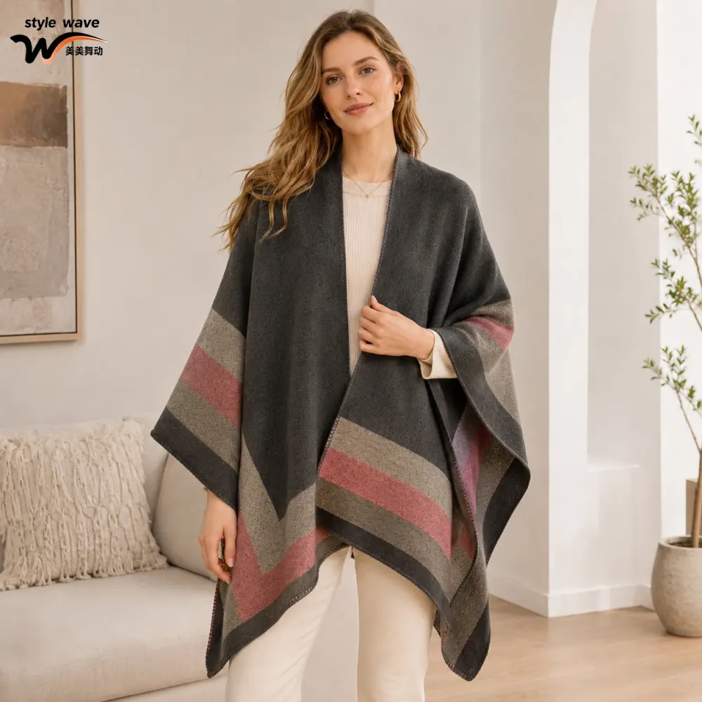 Women's Four-Bar Bold-Border Split-Hem Faux Cashmere Jacquard Shawl Poncho