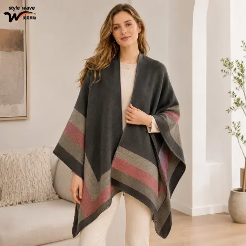 Women's Four-Bar Bold-Border Split-Hem Faux Cashmere Jacquard Shawl Poncho
