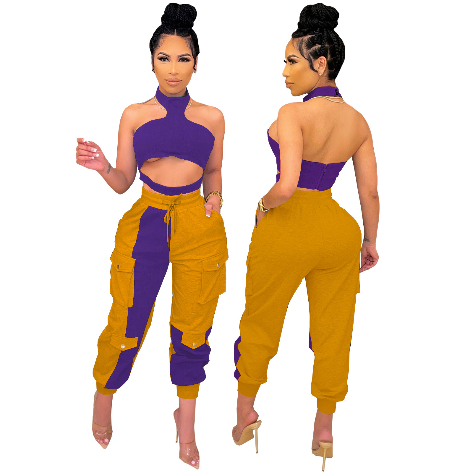 European And American Women's Hanging Neck Tube Top Stitching Contrast Color Drawstring 2-piece Set