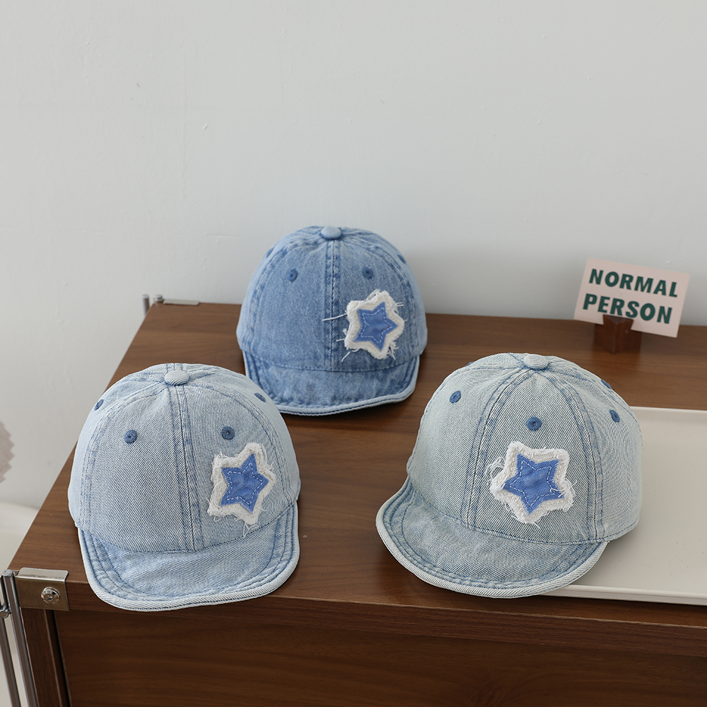 Ruffled Fabric Star Children's Denim Baseball Cap, Washed And Distressed Soft Brim Baby Beanie, Suitable For Outdoor Outings