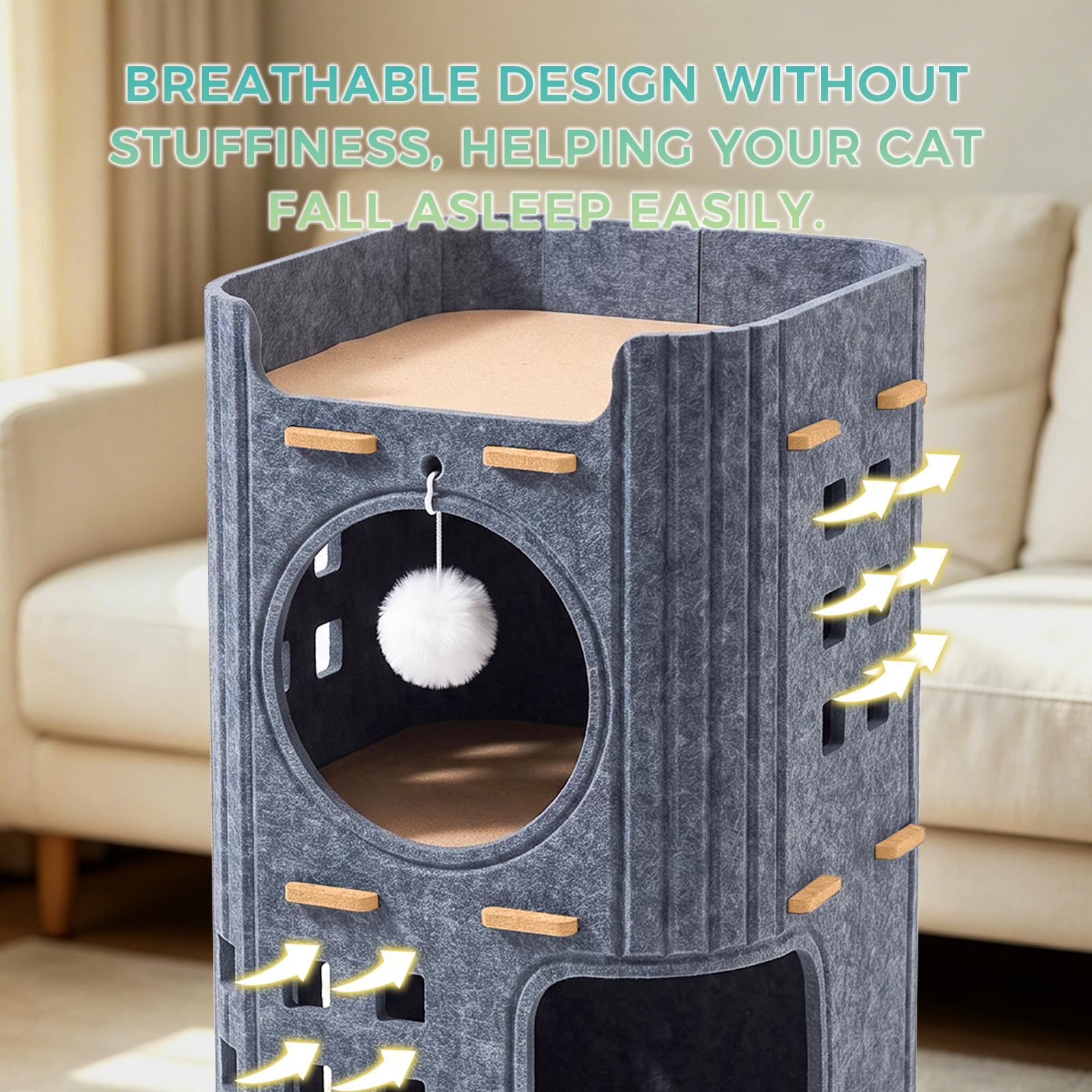 3-Tier Felt Cat Tower House, Multi Level Cat Cave Condo, Indoor Stackable Cat Hideaway Shelter With Hanging Toy Ball — foto 3