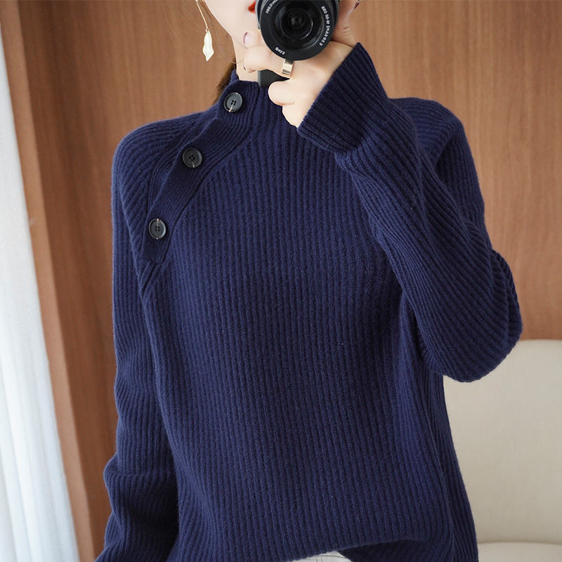 Vertical Stripe Loose Thick Hedging Half-high Neck Long-sleeved Knitted Top New