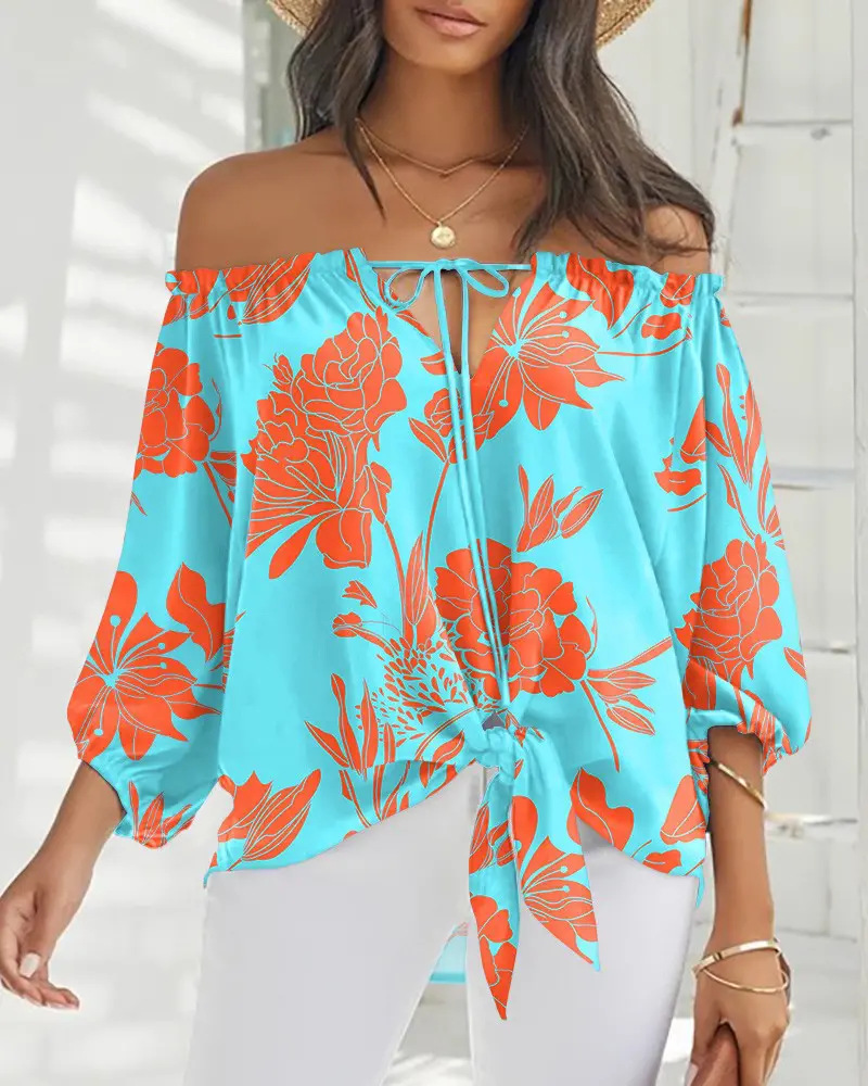 Sexy Off Shoulder Printed Chiffon Shirt Women Fashion Tied Detail Long Sleeve Pullover Tops Street Vintage Lady Blouse Blue - Shop at LoveMi