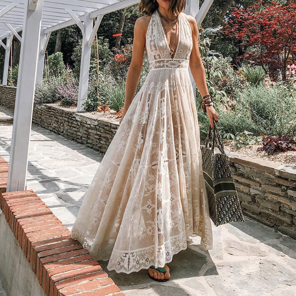 V-neck Hollow French Style Fashion Temperament Long Dress