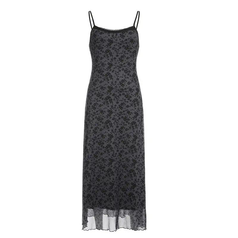 Dark Black Retro Floral Mesh Patchwork Dress