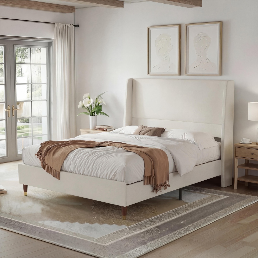 Full Size Bed Frame With Upholstered Headboard, Linen Fabric Platform Bed Frame With USB Charging Ports, Grey