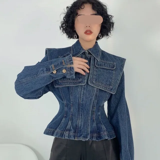 Cape Pocket Decoration Pleated Zipper Denim Coat Blue - Shop at LoveMi