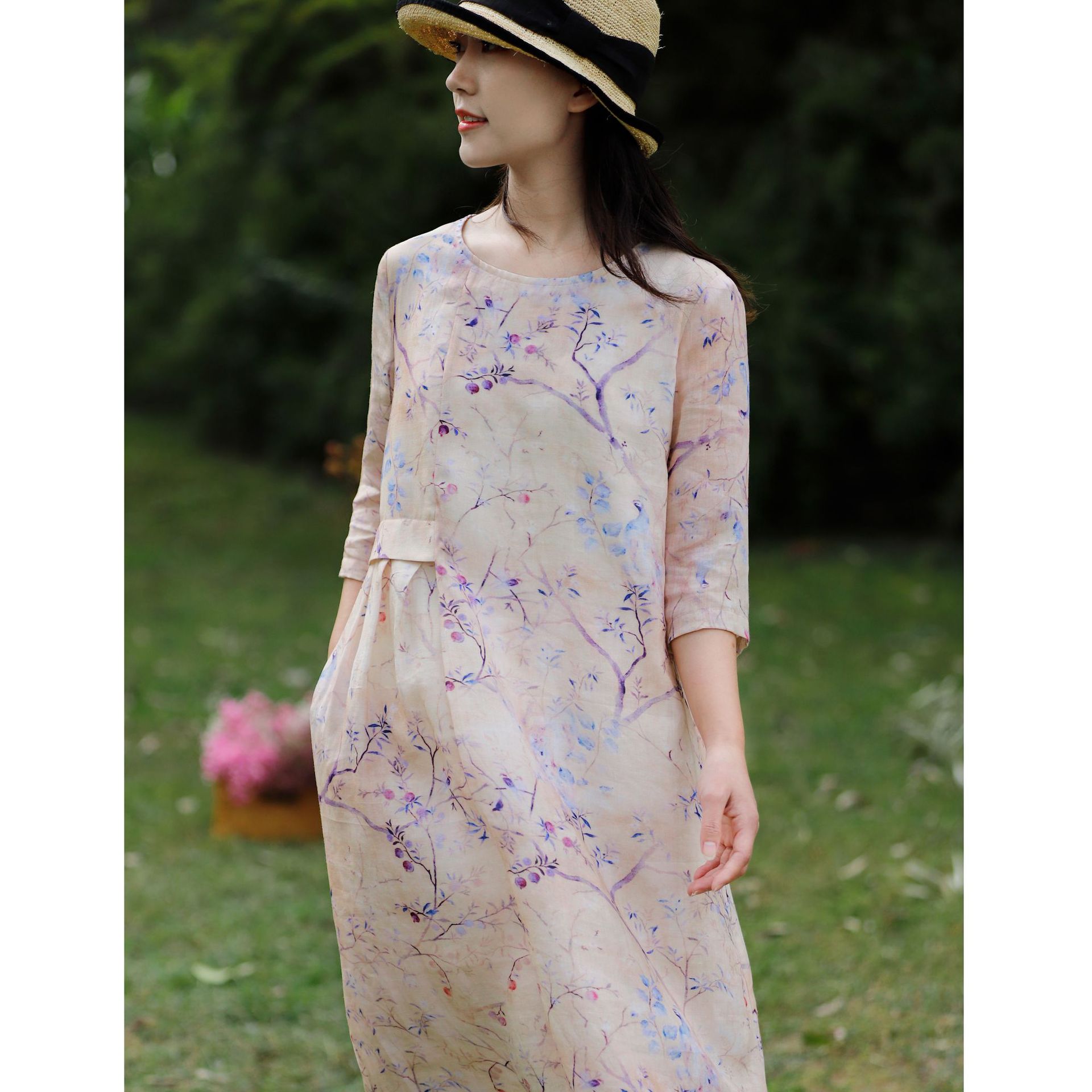 Literary Travel Cotton And Linen 100pcs Ramie Floral Dress Women