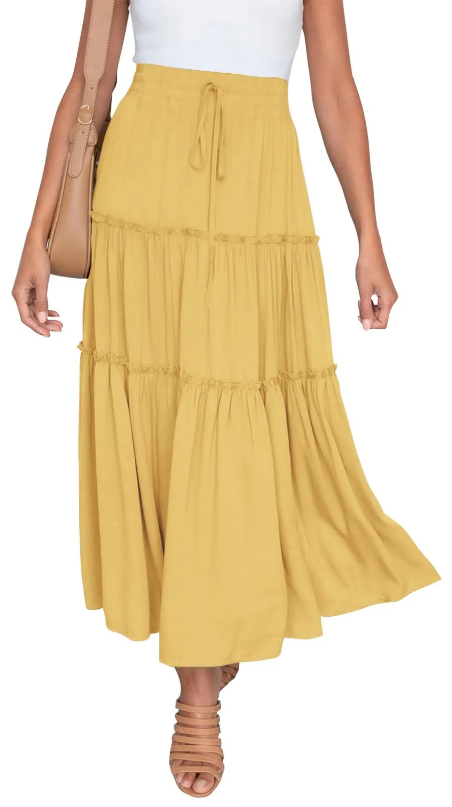 Women's Elastic High Waist A-Line Pleated Casual Maxi Dress - 4Color-S