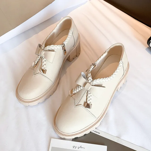 Thick heeled Bow knot College Style Casual Fashion Woven Pumps Beige - Shop at LoveMi