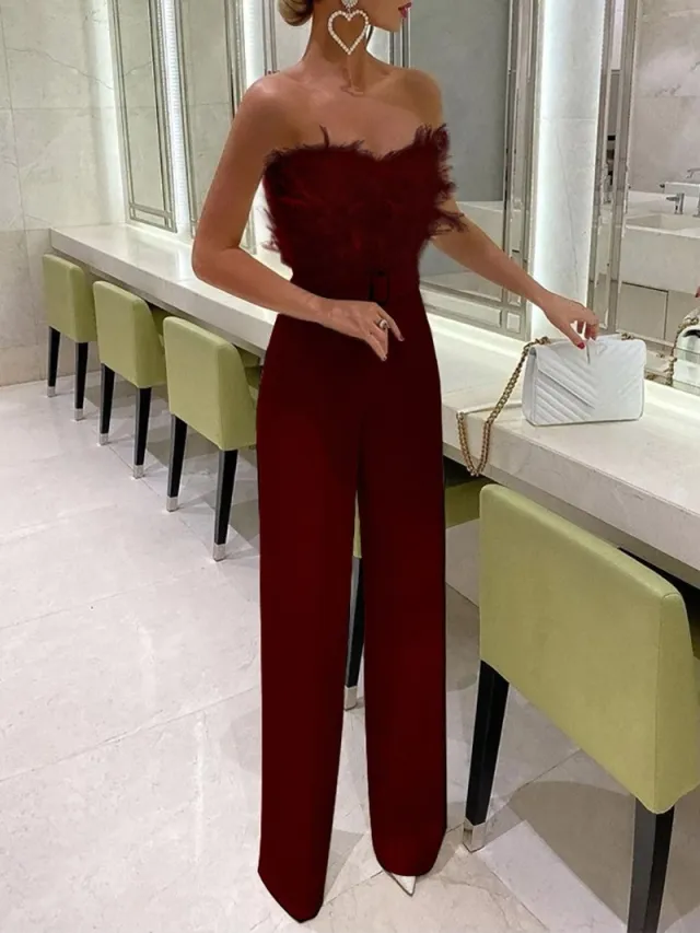 Temperament Feather Tube Top Jumpsuit Party Dress Pants Wine Red - Shop at LoveMi