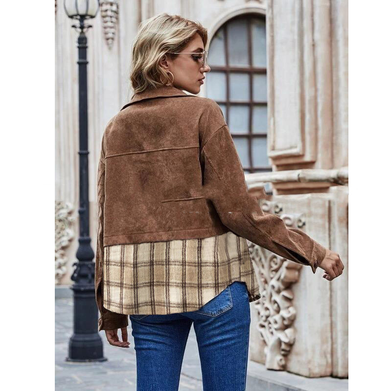 European And American Thick Shirt Corduroy Stitching Plaid Cardigan