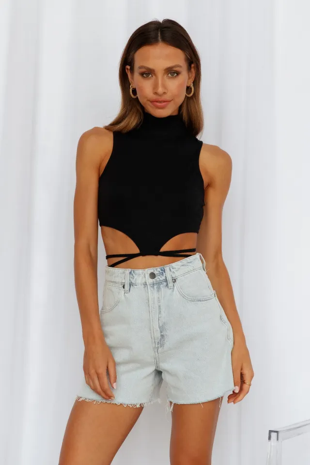 Women's Fashion Navel Tie Slim High Neck Vest Black - Shop at LoveMi