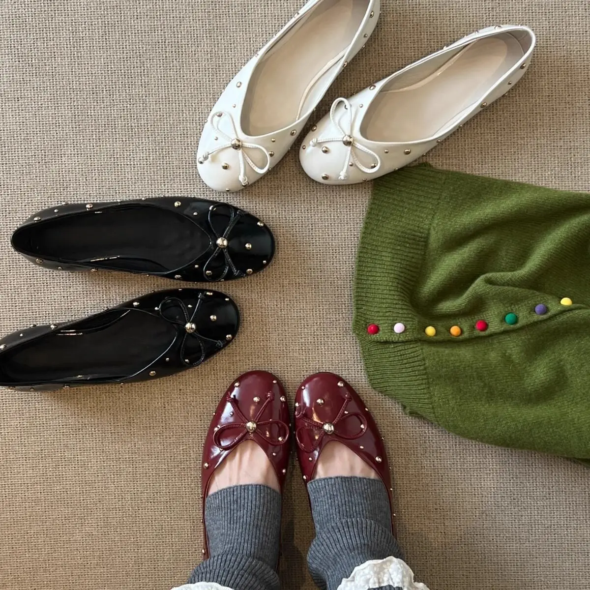 Round Toe Bow Rivet Slip-On Flats, French Style Gentle Low-cut Loafers Women Casual Moccasins