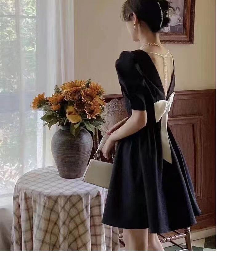 French Temperament Backless Bow Dress Women's Waist Dress