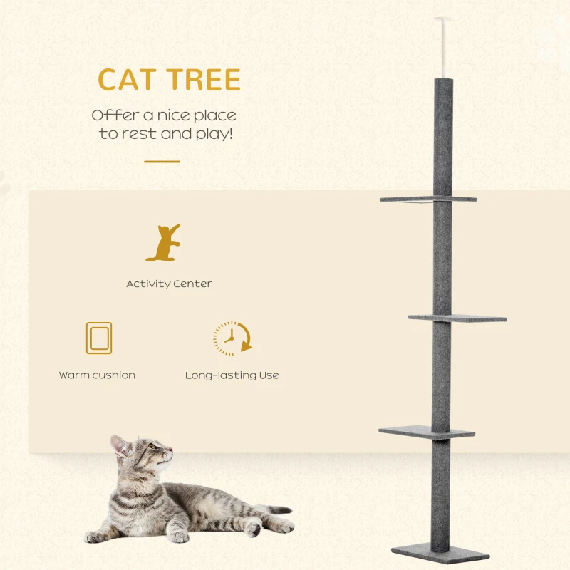 PawHut Floor-to-Ceiling Cat Tree Cat Climbing Tower With Sisal-Covered Scratching Posts Natural Cat Tree Activity Center For Kittens Cat Tower Furniture, Grey