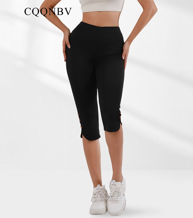 Women's High-waisted, Elastic, Waist-cinching, Tight-fitting Caprix Pants With Slit Buttons At The Hem For A Slimming Look. Wear This Sporty Mid-length Pants Over It