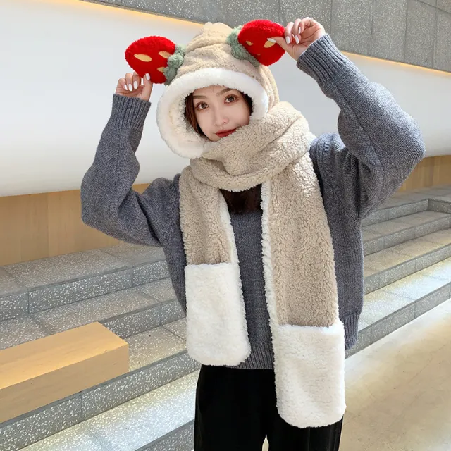 Lamb Velvet Hat Scarf Gloves Three in one Ear Protectors Camel - Shop at LoveMi