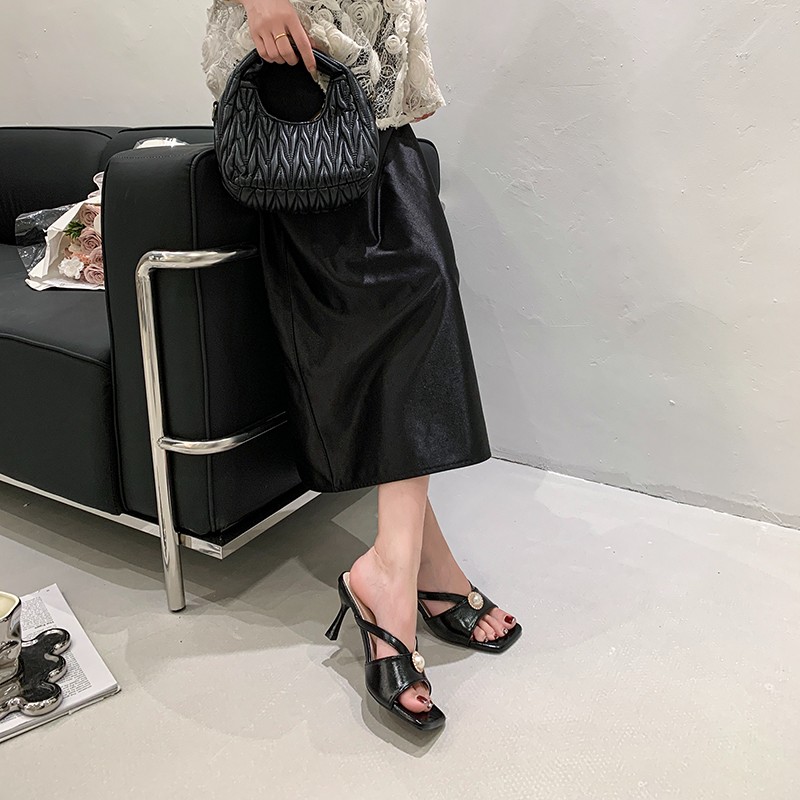 Women Pearl Square Toe Slide Heeled Sandals, 2026 Summer Rhinestone One Strap Stiletto Outdoor Slippers, Elegant Shoes For Dresses