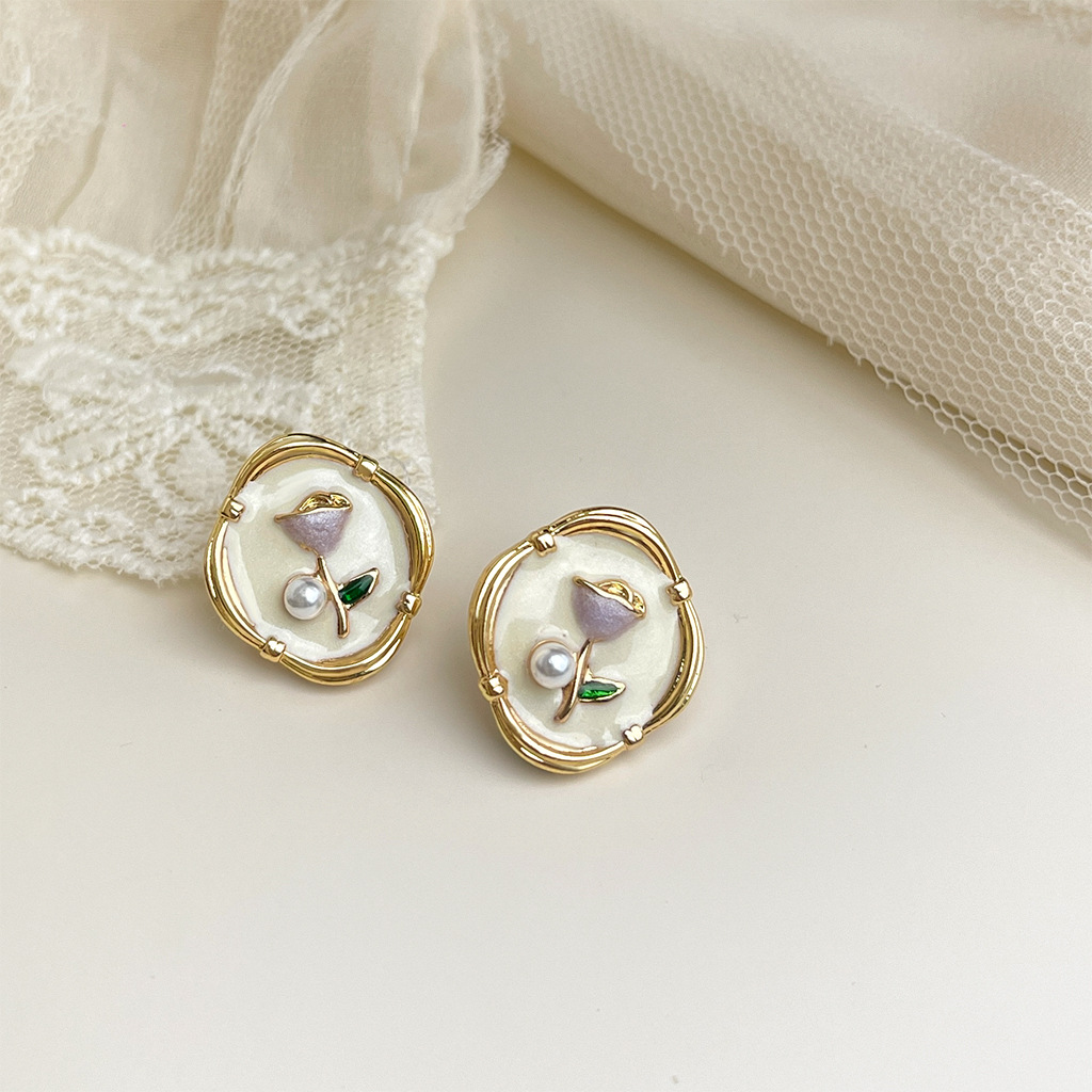 Vintage Artistic Enamel Flower Stud Earrings - French Romantic Floral Jewelry, Elegant Retro Earrings For Women