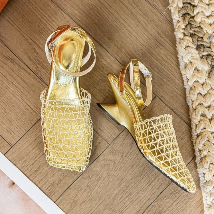 First Encounter Season Niche Design Wedge Heel Fishnet Hollow Women's Sandals, Retro Square... thumbnail 4