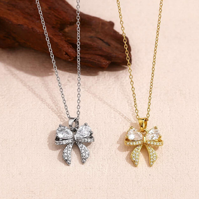 Bowknot Copper Accessory Paired With Stainless Steel Chain And Zircon Pendant Necklace