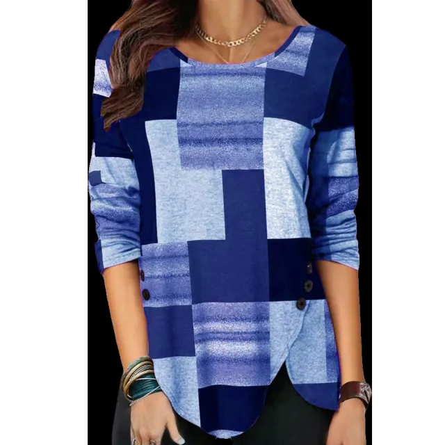 European And American Women's Plaid Long Sleeve Loose Round Neck T shirt Top Blue - Shop at LoveMi