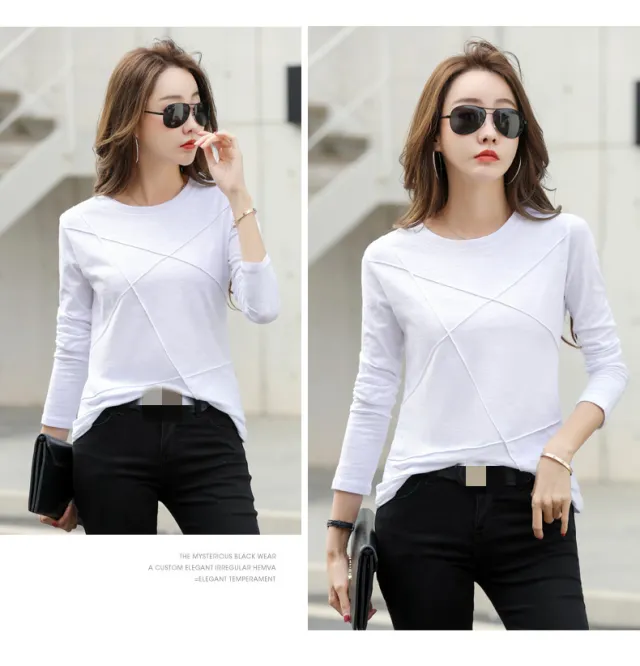 Green Cotton Long sleeved T shirt Women Loose Plus Size White - Shop at LoveMi