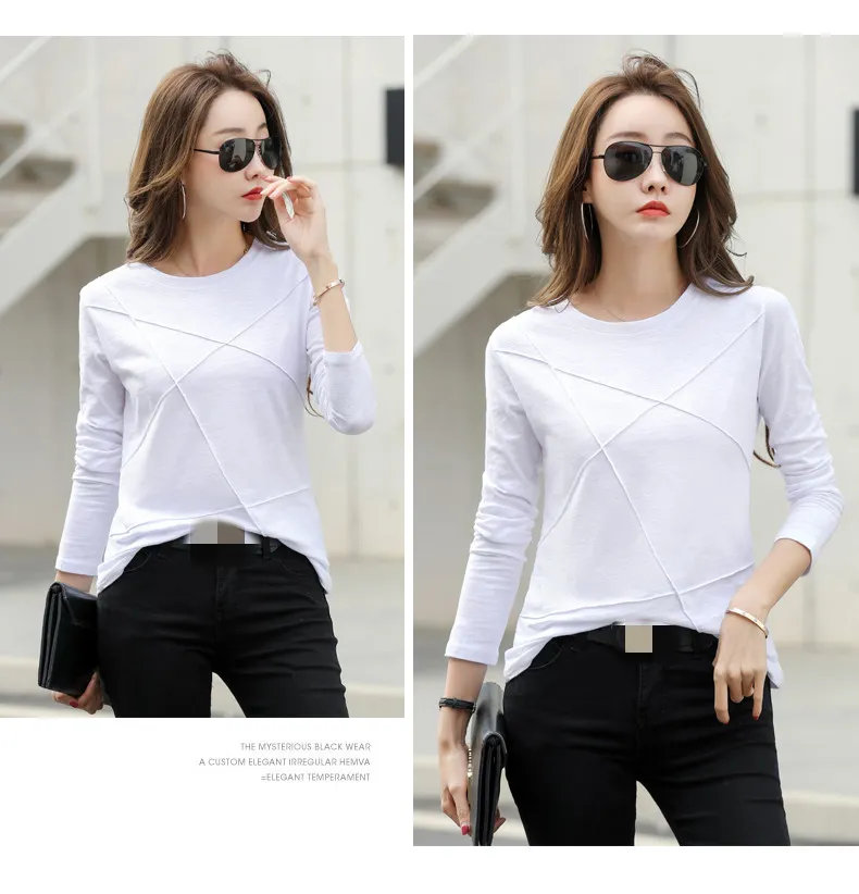 Green Cotton Long-sleeved T-shirt Women Loose Plus Size - White