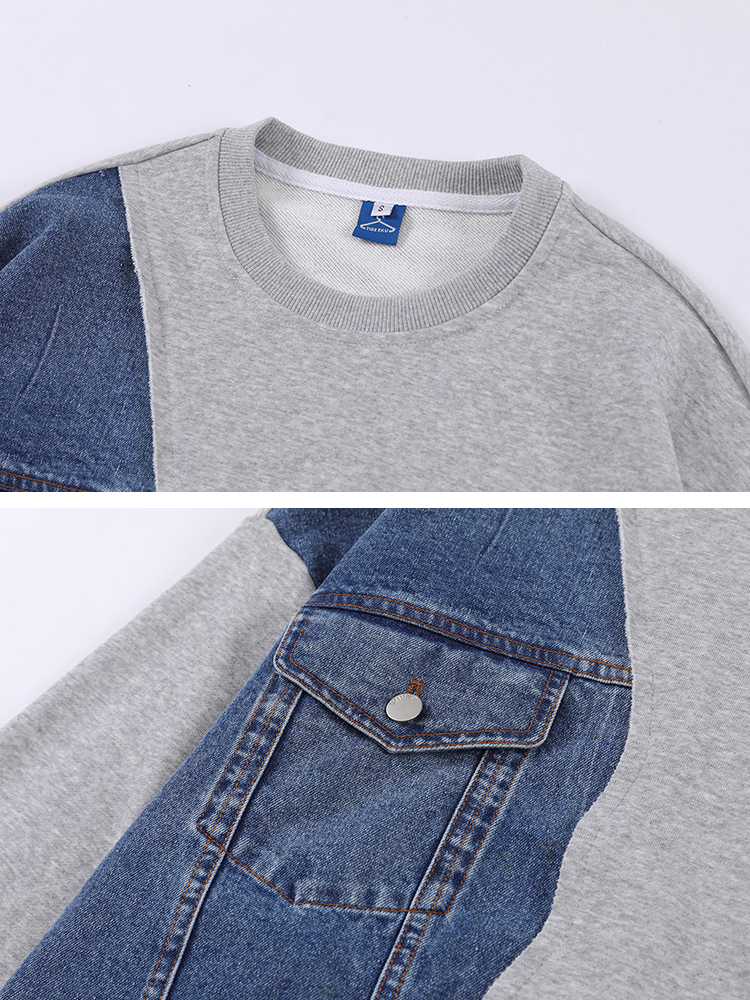 Niche Design Denim Stitching Round Neck Sweater Casual Loose