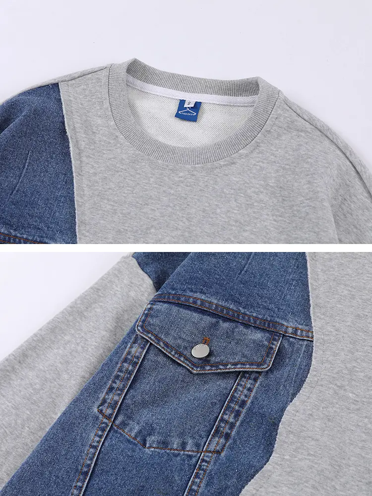 Niche Design Denim Stitching Round Neck Sweater Casual Loose