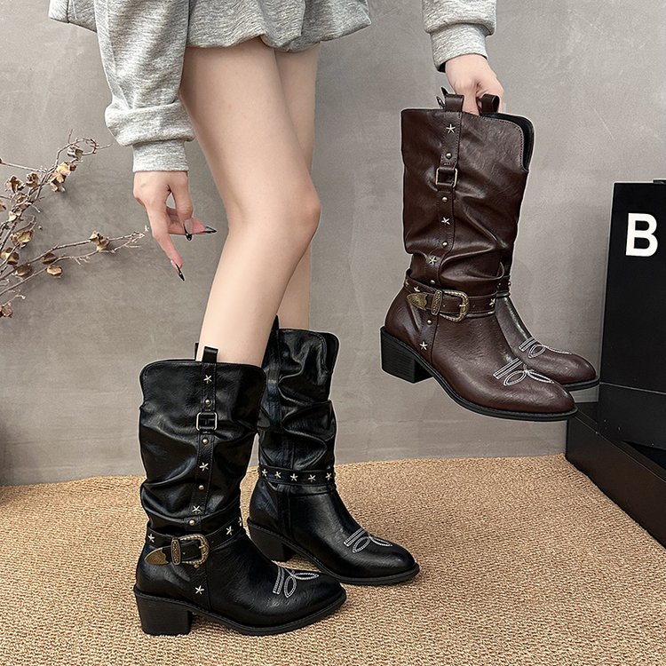 Women Western Cowboy Mid Calf Boots Star Embroidery Antique Metal Buckle Straps Slouch Ruched Shaft Faux Leather Snip Pointed Toe Block Heel Pull On Retro Cowgirl Fall Winter Boots