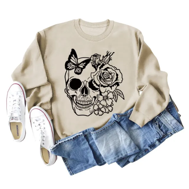 Women's Skull Butterfly Long Sleeved Sweater Sand Color M - Shop at LoveMi
