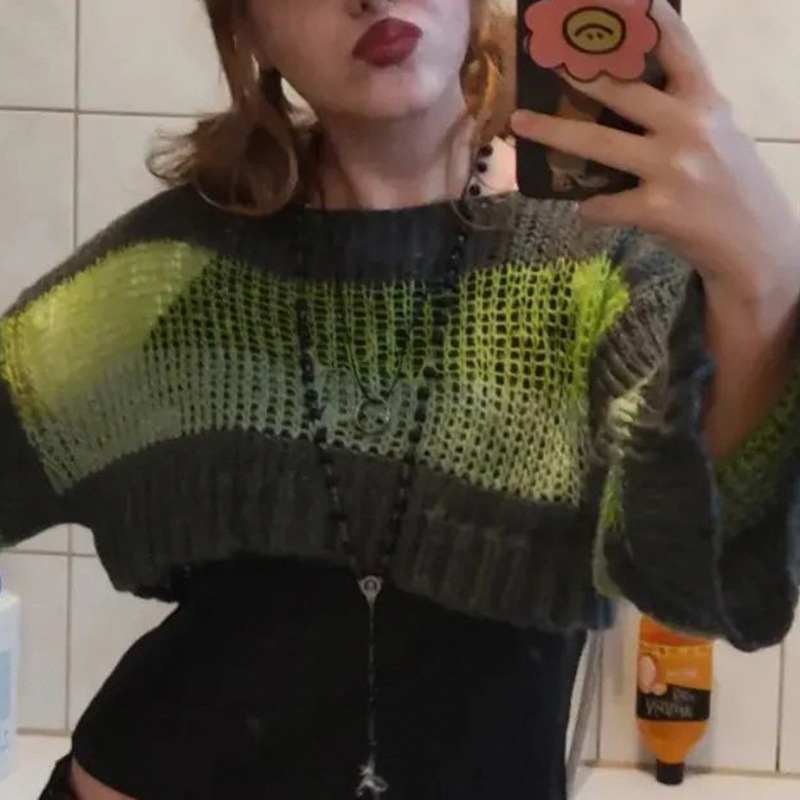 Stripe Color Blocking Hollow Perspective Wool Short Blouse Loose