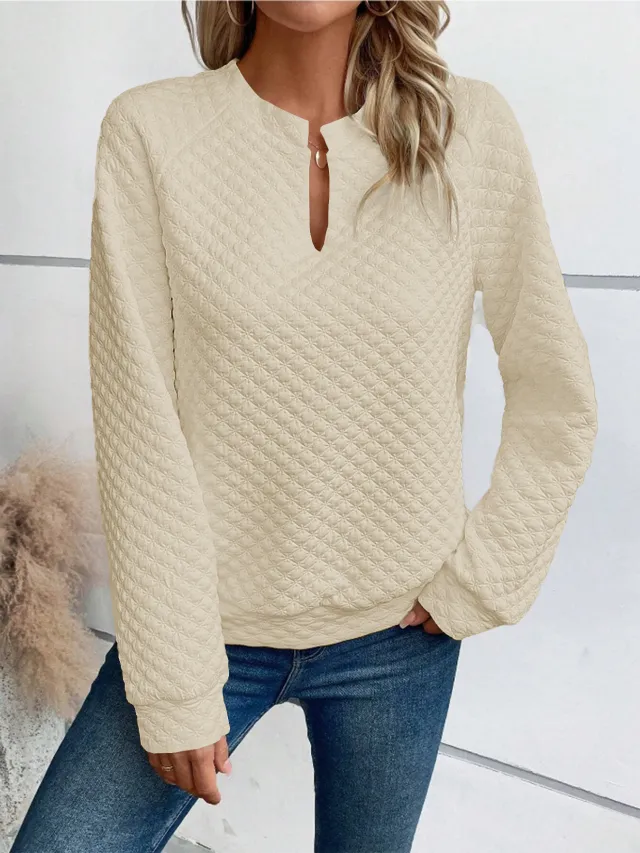 Fashion V neck Long sleeved T shirt French Style Casual Solid Color Plaid Sweatshirt Top Womens Clothing Apricot - Shop at LoveMi