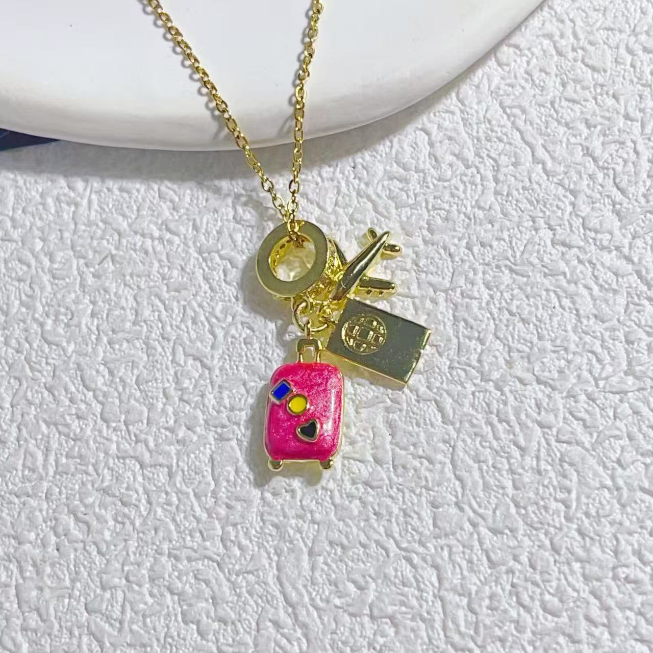 Light Luxury Zircon Airplane Passport Pendant Necklace