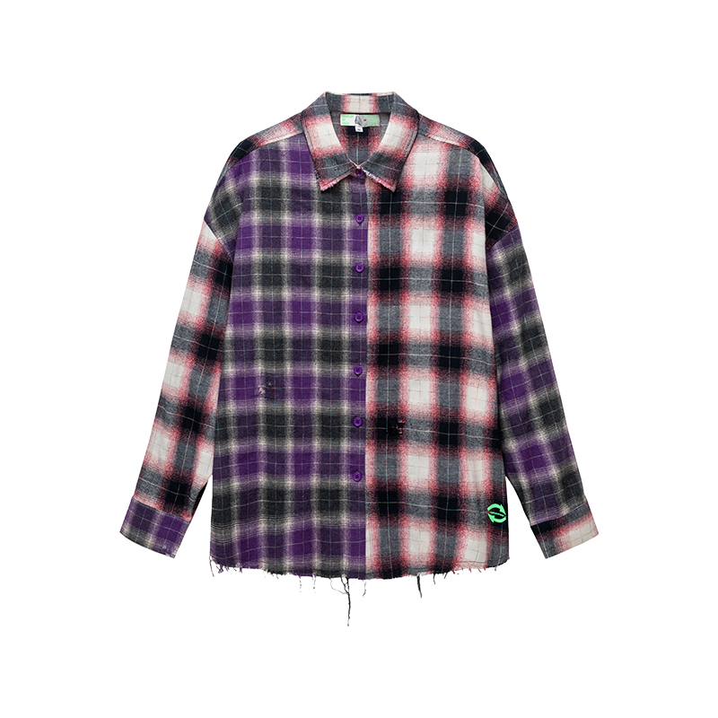 Women's Loose Two Tone Panel Plaid Ripped Shirt