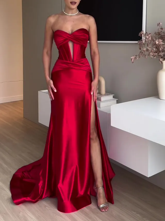 Tube Top Slit Red Extra Long Evening Dress Red - Shop at LoveMi