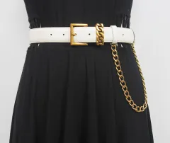 Versatile Ins Style Genuine Leather Gold Mouth Square Head Decorative Waistband - White - View 1