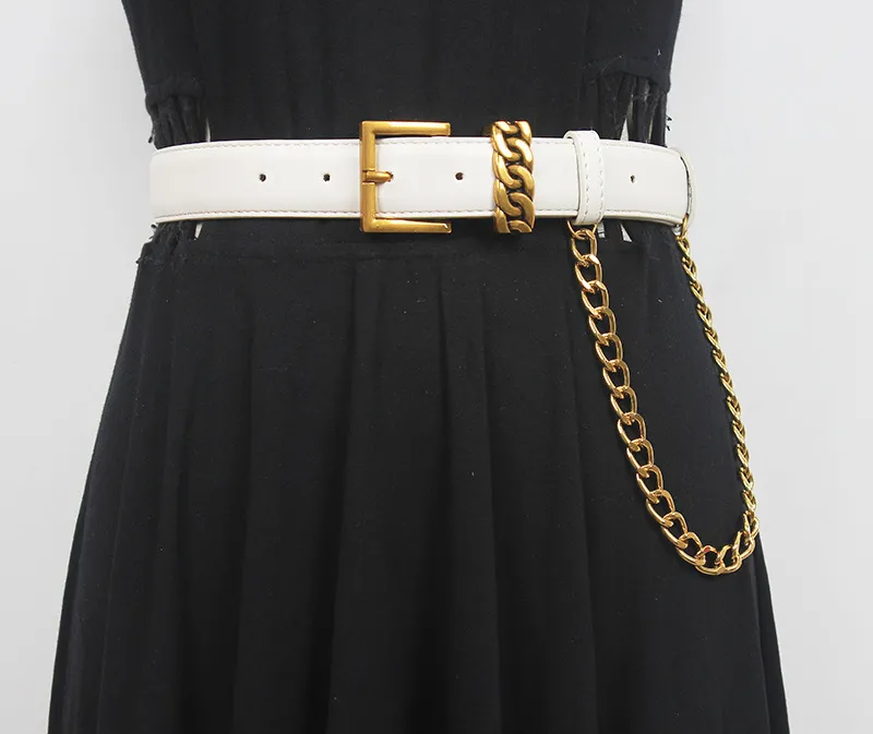 Versatile Ins Style Genuine Leather Gold Mouth Square Head Decorative Waistband - White