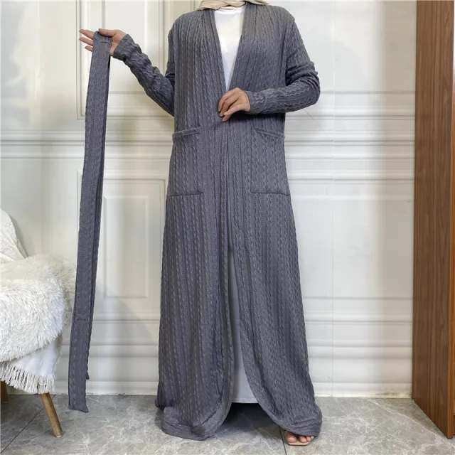 Round Edge Cardigan Sweater Muslim Long Jacket Grey - Shop at LoveMi