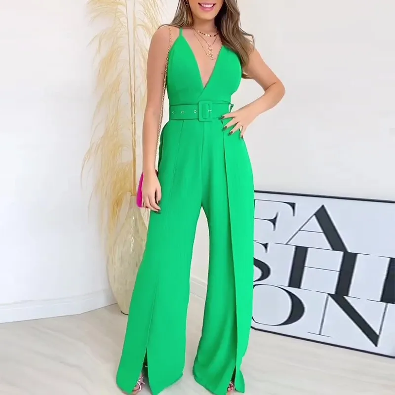 Women's Fashion Casual V-neck Brace High Waist Hem Jumpsuit - Green With Belt
