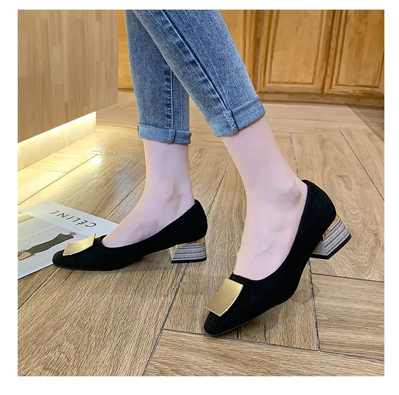 Thick-heeled Shallow Mouth All-match Evening Shoes With French Square Buckle
