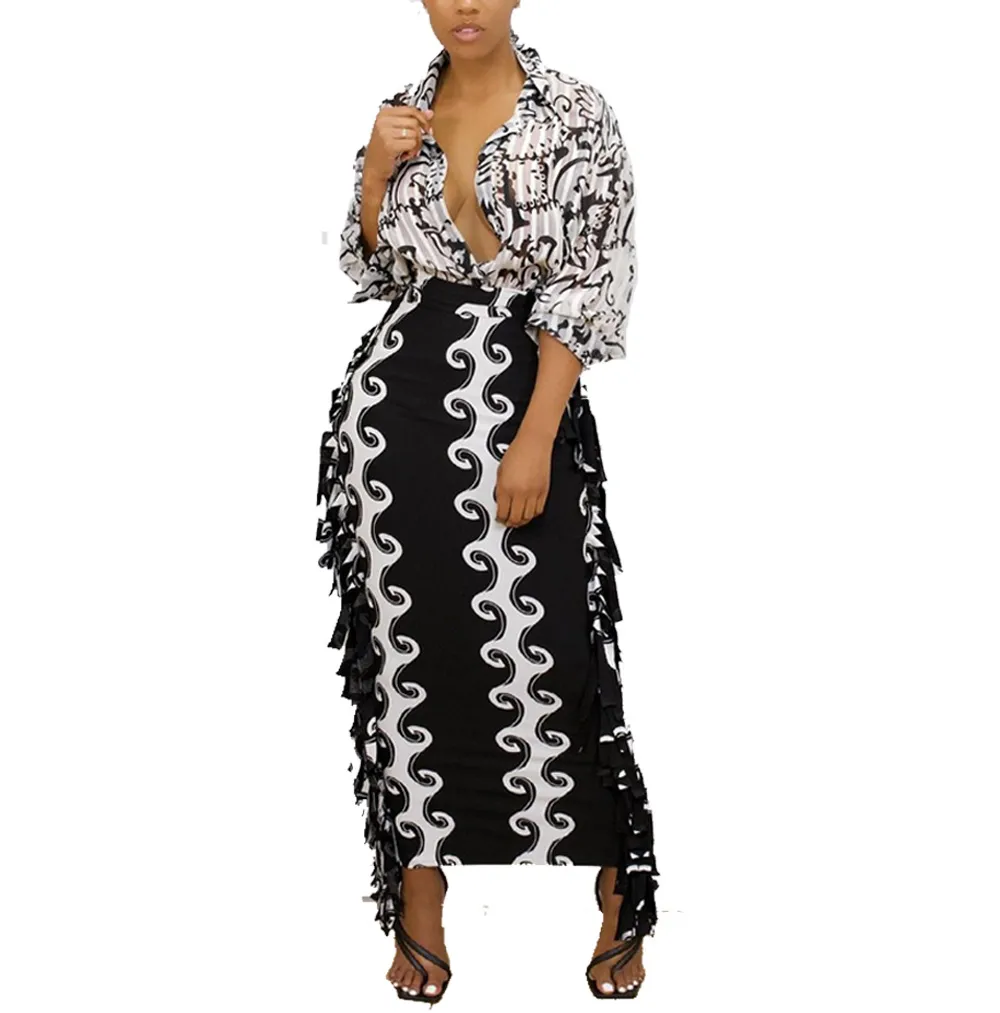 European And American Creative Casual Slim-fit Tassel Black And White Print Sexy Skirt - White