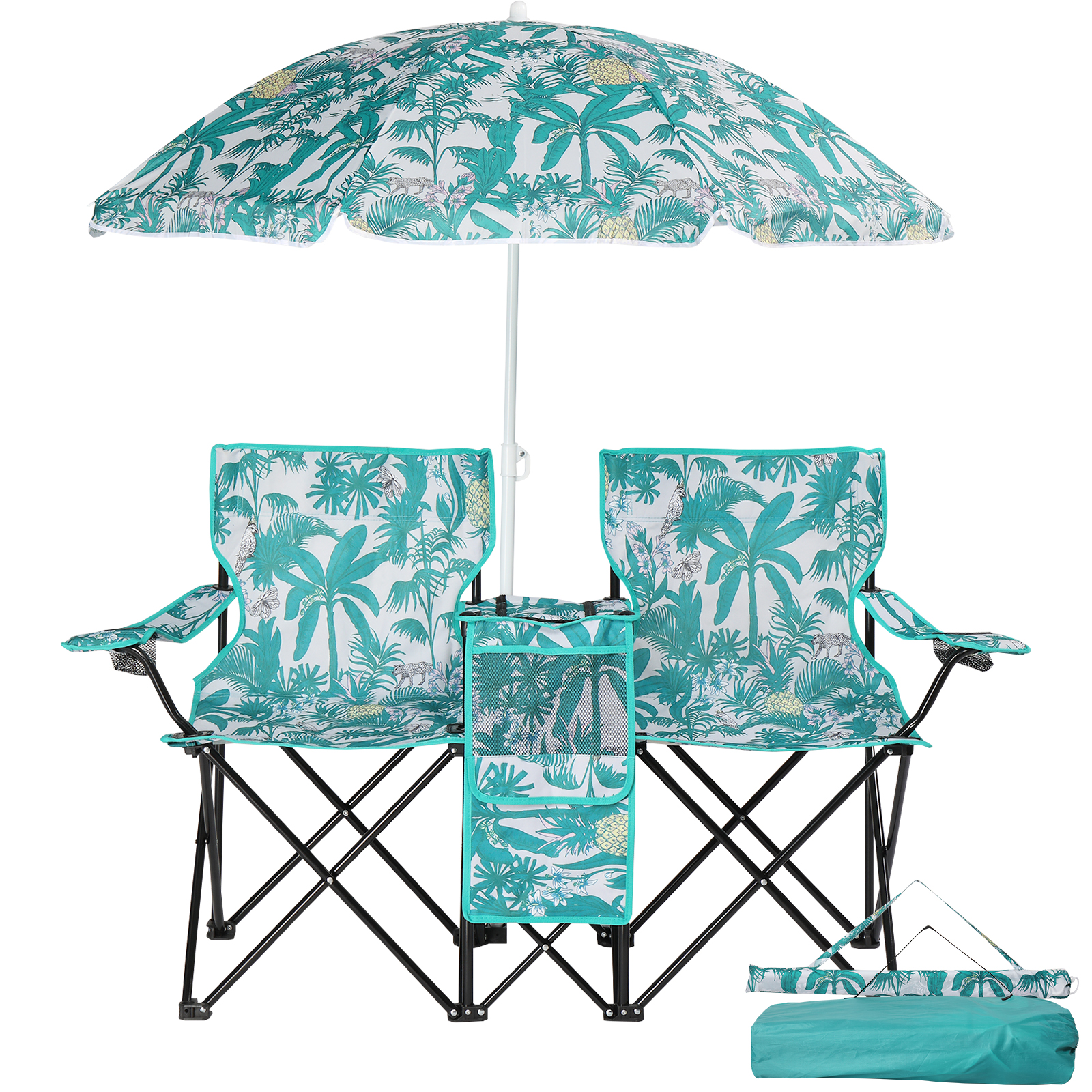 Camping Chairs, Folding Double Chair With Removable Umbrella, Cup Holders, Cooler Bag, Side Pocket & Carry Bag, For Beach, Outdoor, Sports, Concerts, Travel, Picnic
